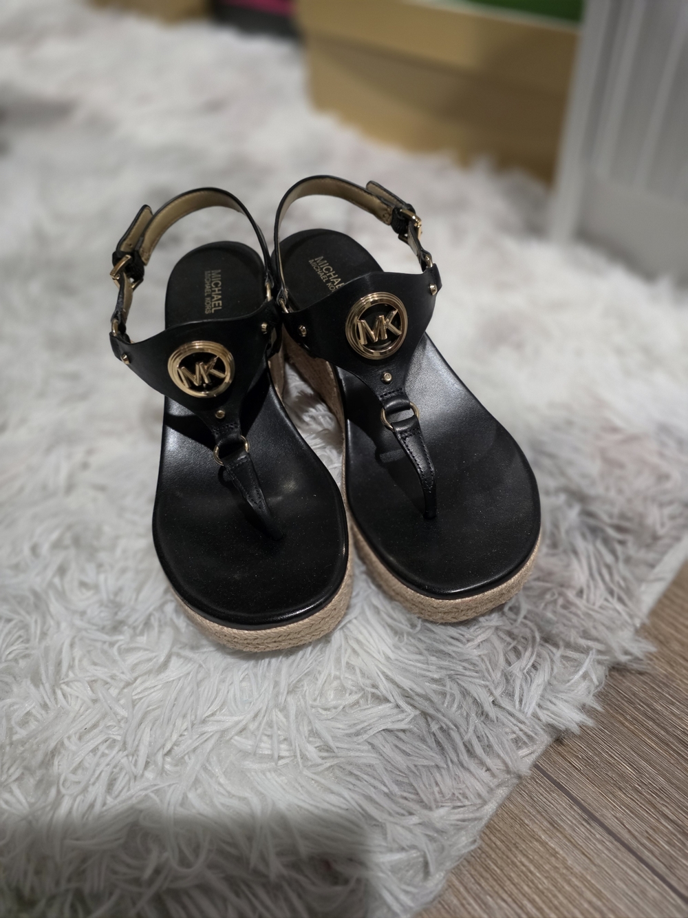 Michael Kors Black Leather Wedge Thong Sandals with Gold MK Accent